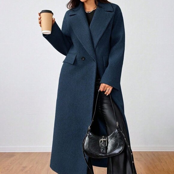 Navy Blue Casual Women's Lapel Long Coat - Picture 5 of 6